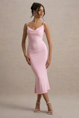 Addison | Pink Cowl-Neck Open-Back Midi Dress With Lace