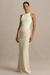 Akari | Champagne High-Neck Maxi Dress With Satin Skirt
