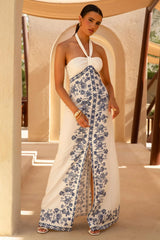 Arula | White & Blue Print Halter-Neck Maxi Dress