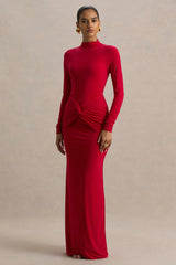Alula | Red High-Neck Maxi Dress With Twist Detail