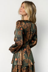Montrouge Tiered Satin Dress | Olive Floral