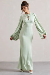 Wild Rose | Light Green Puff-Sleeve Cut-Out Maxi Dress