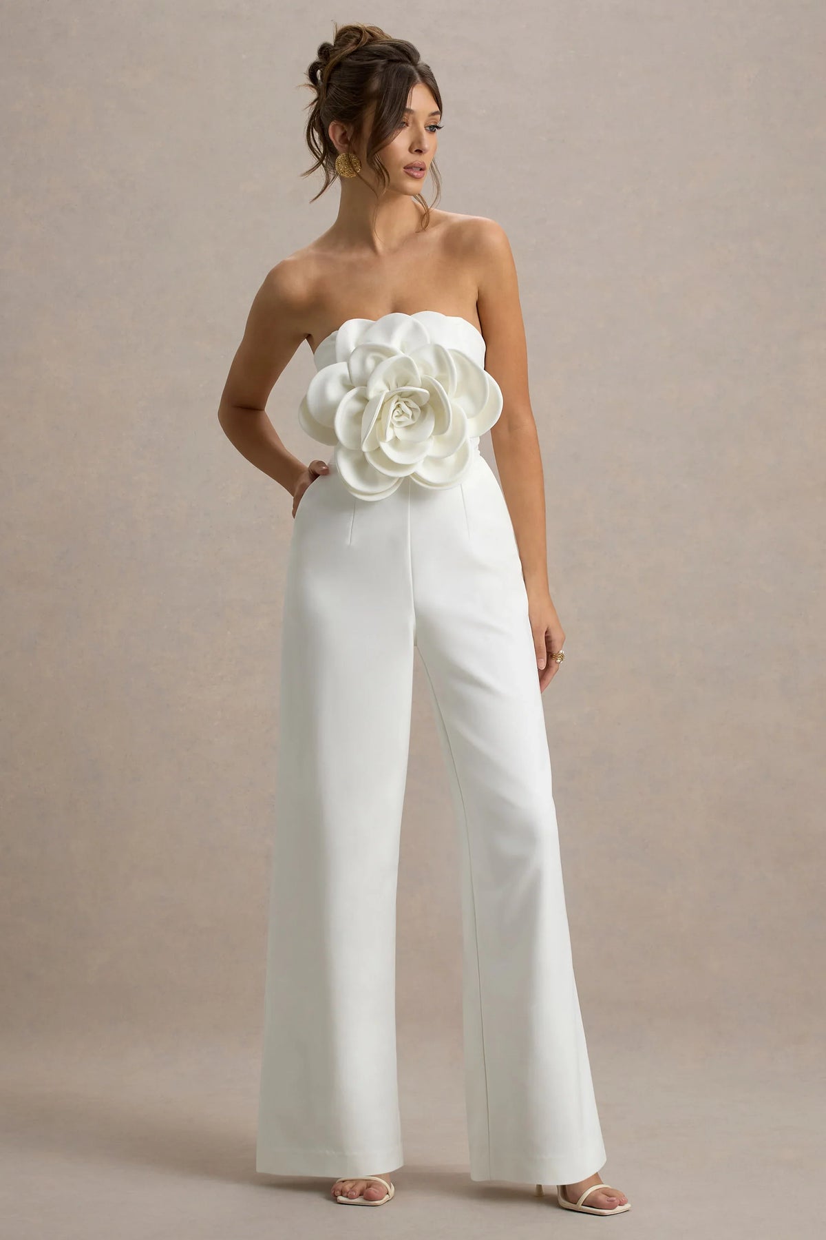 Opia | White Bandeau Wide-Leg Jumpsuit With Large Floral Corsage