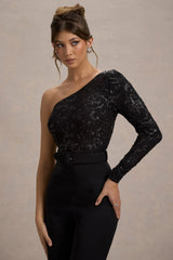 Upgrade | Black Lace Asymmetric Belted Wide-Leg Jumpsuit