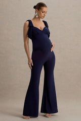 Impeccable | Navy Sweetheart Bow Strap Maternity Jumpsuit