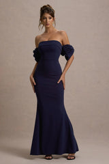 Alaine | Navy Bardot Maxi Dress With Bow Sleeves