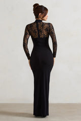 Arden | Black High-Neck Split Maxi Dress With Lace Sleeves