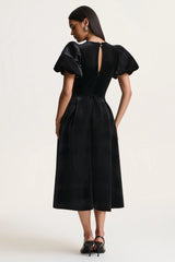 Seraphic | Black Velvet Puff-Sleeve Midi Dress