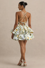 Flavia | White Botanical Print Linen Plunge-Neck Ruffled Skater Micro-Mini Dress