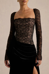 Finesse | Black Lace And Velvet Square-Neck Maxi Dress With Draped Skirt