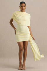 Farrah | Pale Lemon High-Neck Draped Mini Dress With Sash