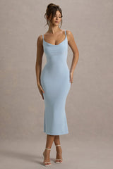 Addison | Powder Blue Cowl-Neck Open-Back Midi Dress With Lace