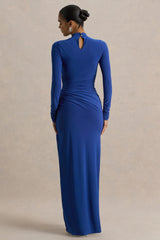 Alluring | Blue High Neck Maxi Dress With Ruched Detailing