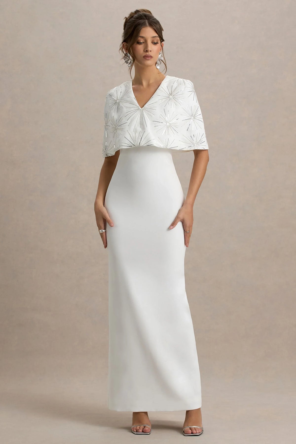 Agnella | White Embellished V-Neck Maxi Dress