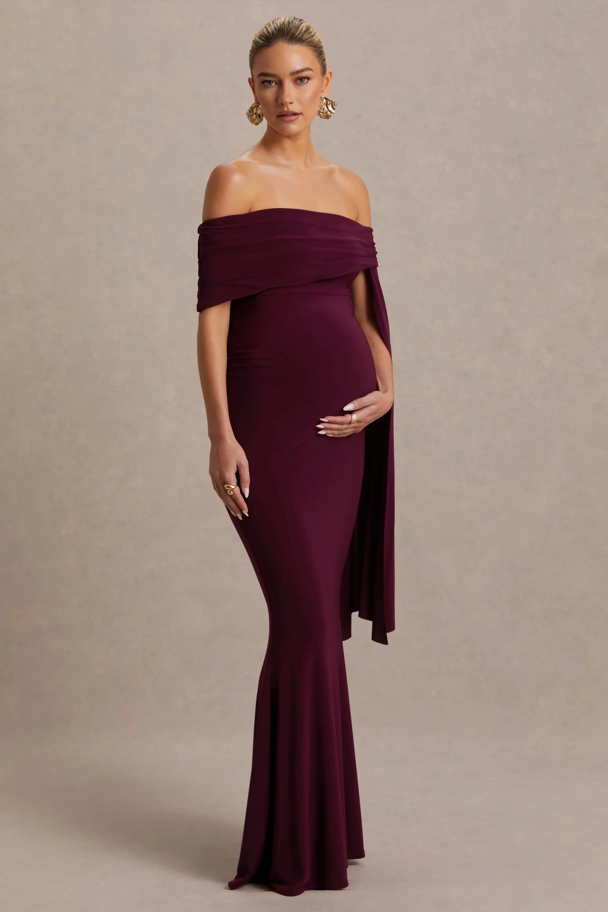 Aquila |  Burgundy Bardot Maternity Maxi Dress With Drape Sleeve