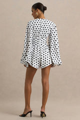 Laurel | White Polka Dot V-Neck Balloon Sleeve Playsuit