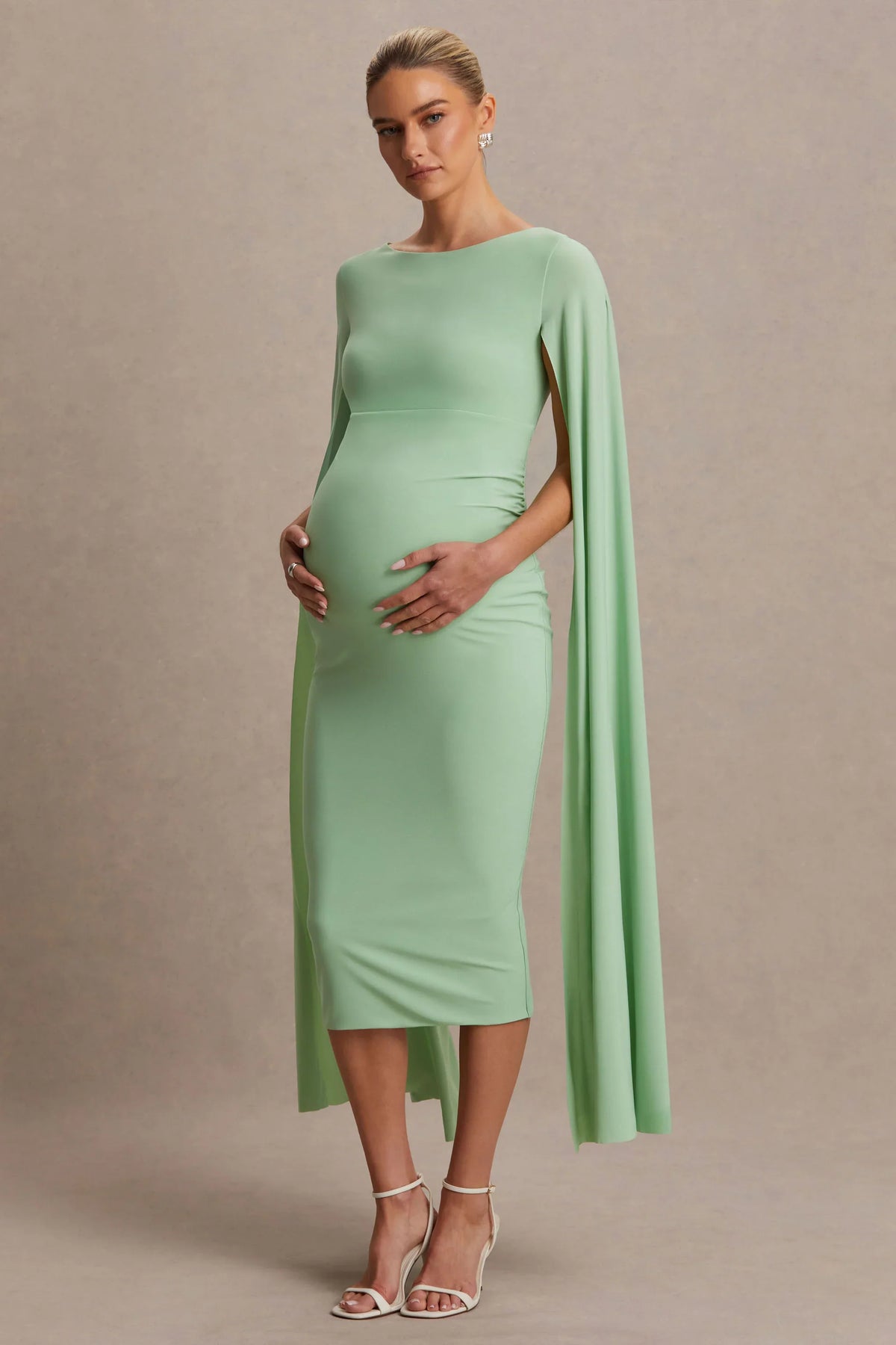 Providence | Light Green High-Neck Maternity Midi Dress With Cape Sleeves