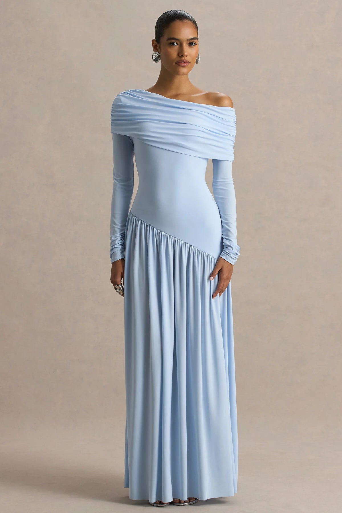 Farah | Powder Blue High-Neck Maxi Dress With Drop Waist And Ruched Detailing
