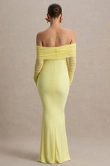 Pretty Perfect | Lemon Maternity Ruched Mesh Bardot Maxi Dres