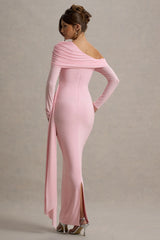 Valina | Pink Ruched Asymmetric Maxi Dress With Drape