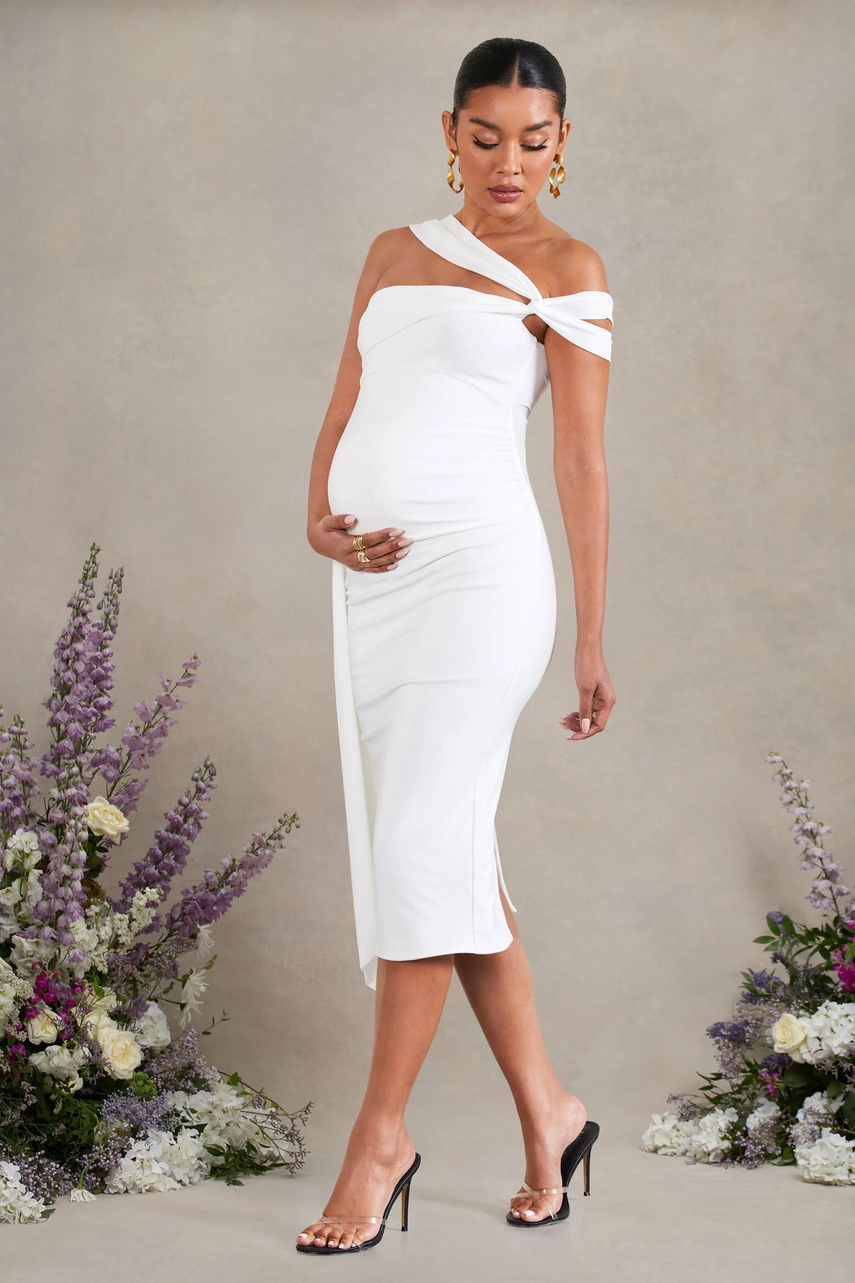 Just Wait | White Asymmetric Strappy Maternity Midi Dress With Drape