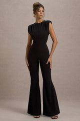 Elyna | Black High-Neck Draped Flared-Leg Jumpsuit
