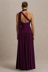Freesia | Plum Asymmetric-Neck Maxi Dress With Scarf-Detail