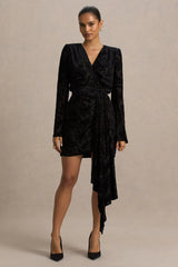Vicenta | Black Velvet Devore Plunge-Neck Wrap Mini Dress