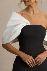 Tindra | Black And White Satin Bandeau-Neck Mini Dress With Bow Sleeves