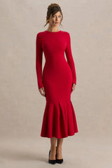 Liberty | Red High Neck Mermaid Maxi Dress With Ruffling Detail