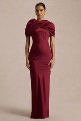Yoli | Burgundy Satin Maxi Dress With Twist-Cape