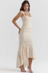 Luxury Textured Floral Ruched Corset Sleeveless Fishtail Evening Dress - Cream