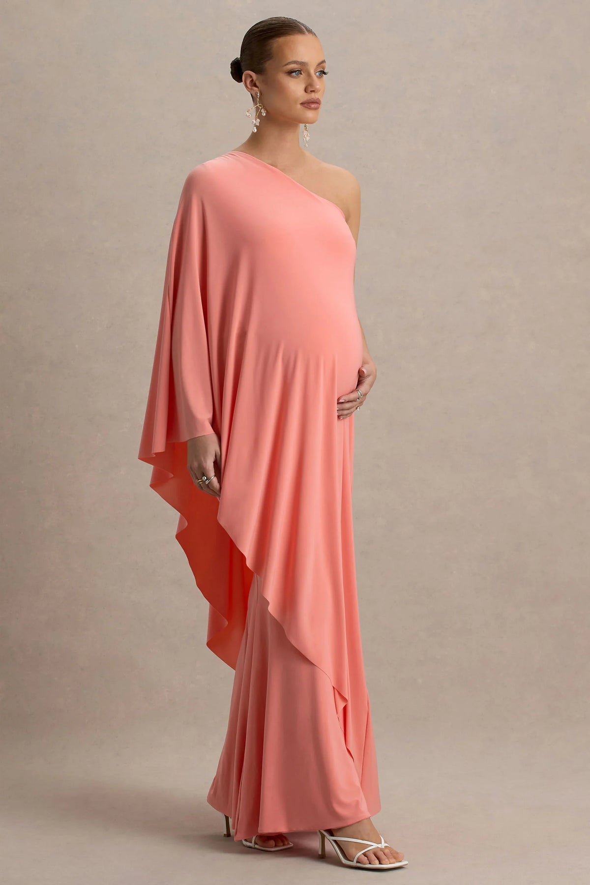 Waves | Coral Asymmetric Maternity Maxi Dress With One-Sleeve Cape