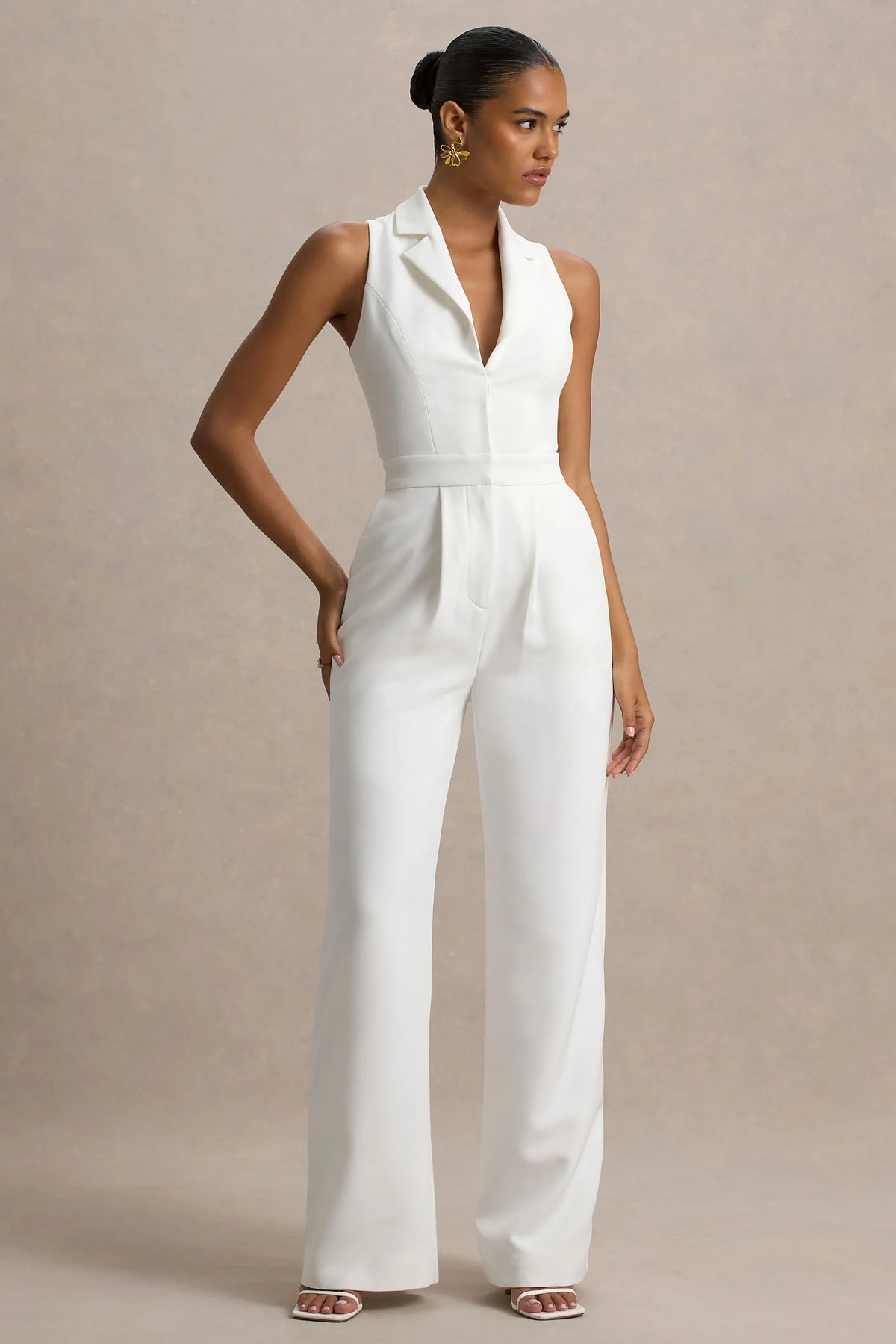 Trixie | White Plunge-Neck Tailored Jumpsuit