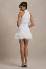 Lumi | White Sequin High-Neck Feather Trim Mini Dress