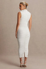Shellie | White High-Neck Maternity Midi Dress With Corsage Detail