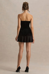 Valentina | Black Bandeau Velvet Mini Dress With Pleated Detailing