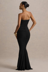 Talisa | Black Ruched Fishtail Maxi Dress With Mesh Hem