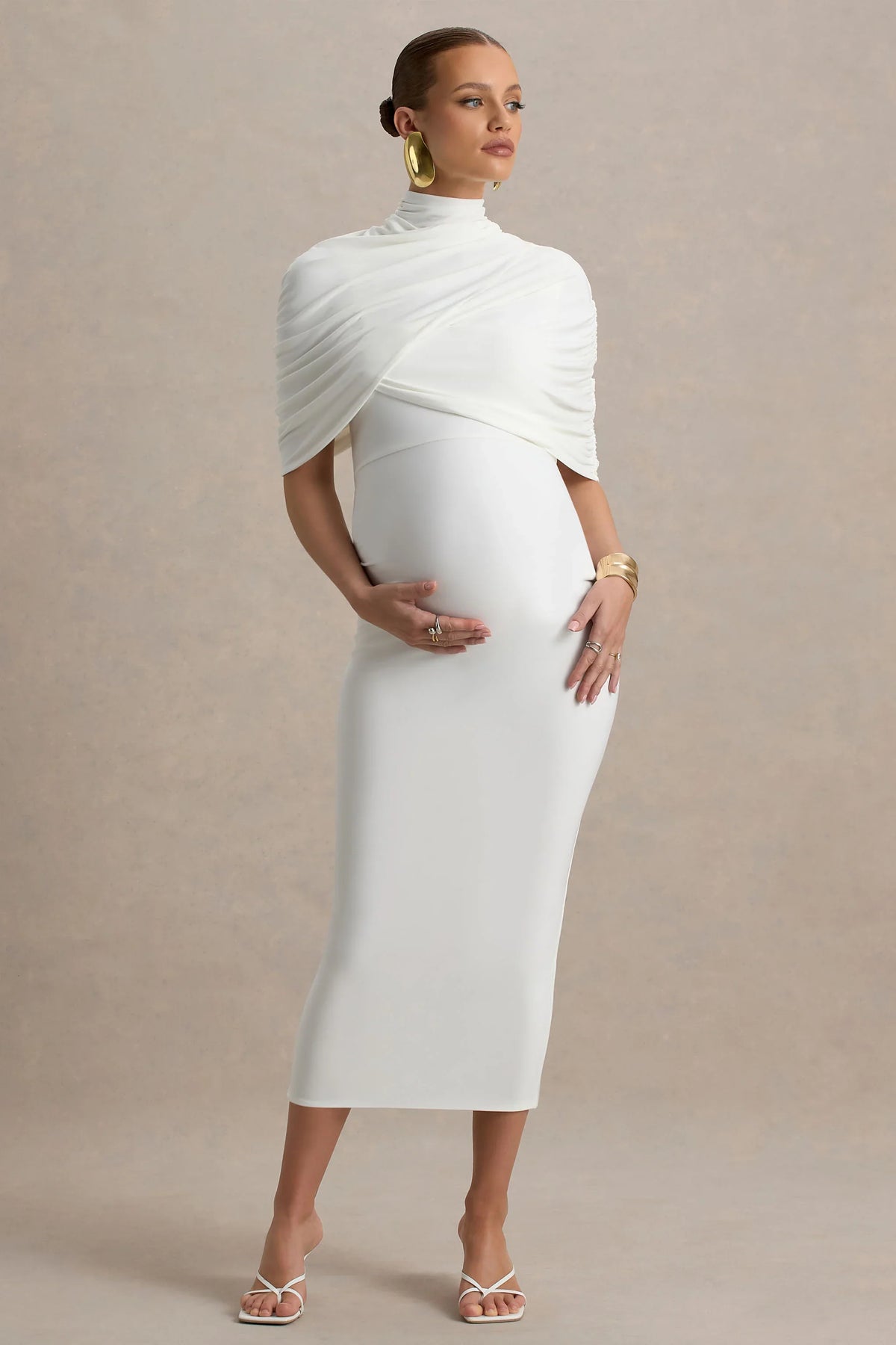 Augustina | White Maternity Midi Dress With Cape