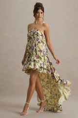 Whistler | Tulip Floral Print Chiffon Bandeau High-Low Ruffled Maxi Dress