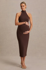 Mireille | Brown Halter-Neck Maternity Midi Dress