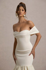 Posie | Stone Bardot Midi Dress With Puffball Hem