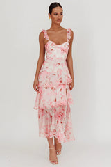 Veda Strappy Back Ruffle Maxi Dress Flowers Blush