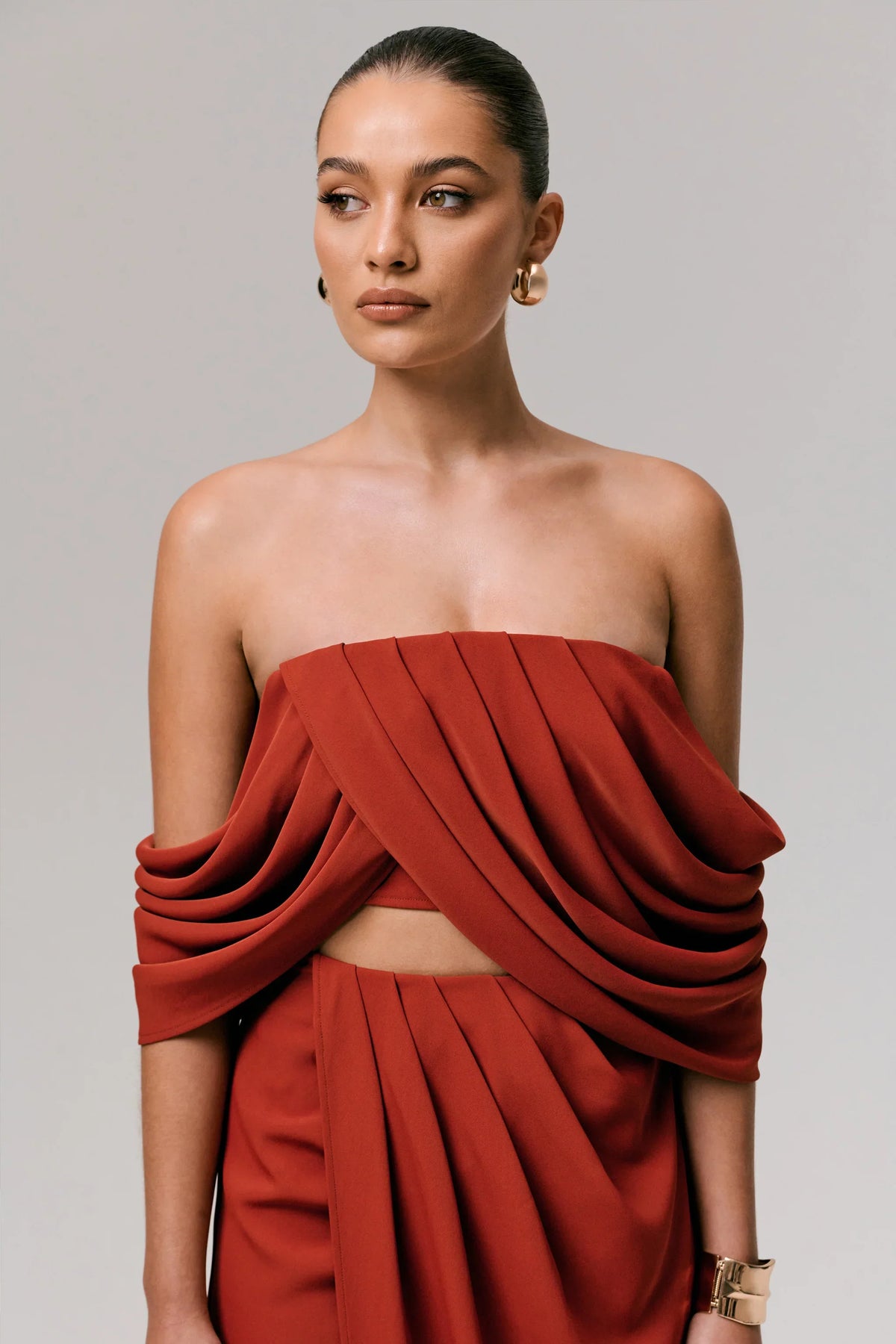 Talika | Terracotta Bardot Crop-Top With Draped Sleeves