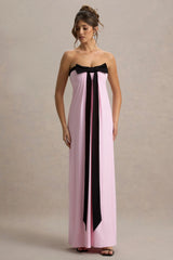 Mckenna | Pink Strapless Maxi Dress With Black Bow