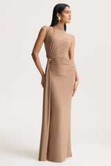Solene | Brown High-Neck Maxi Dress With Wrap And Drape Detail