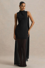 Unpredictable | Black High-Neck Maxi Dress With Back Cape Detail
