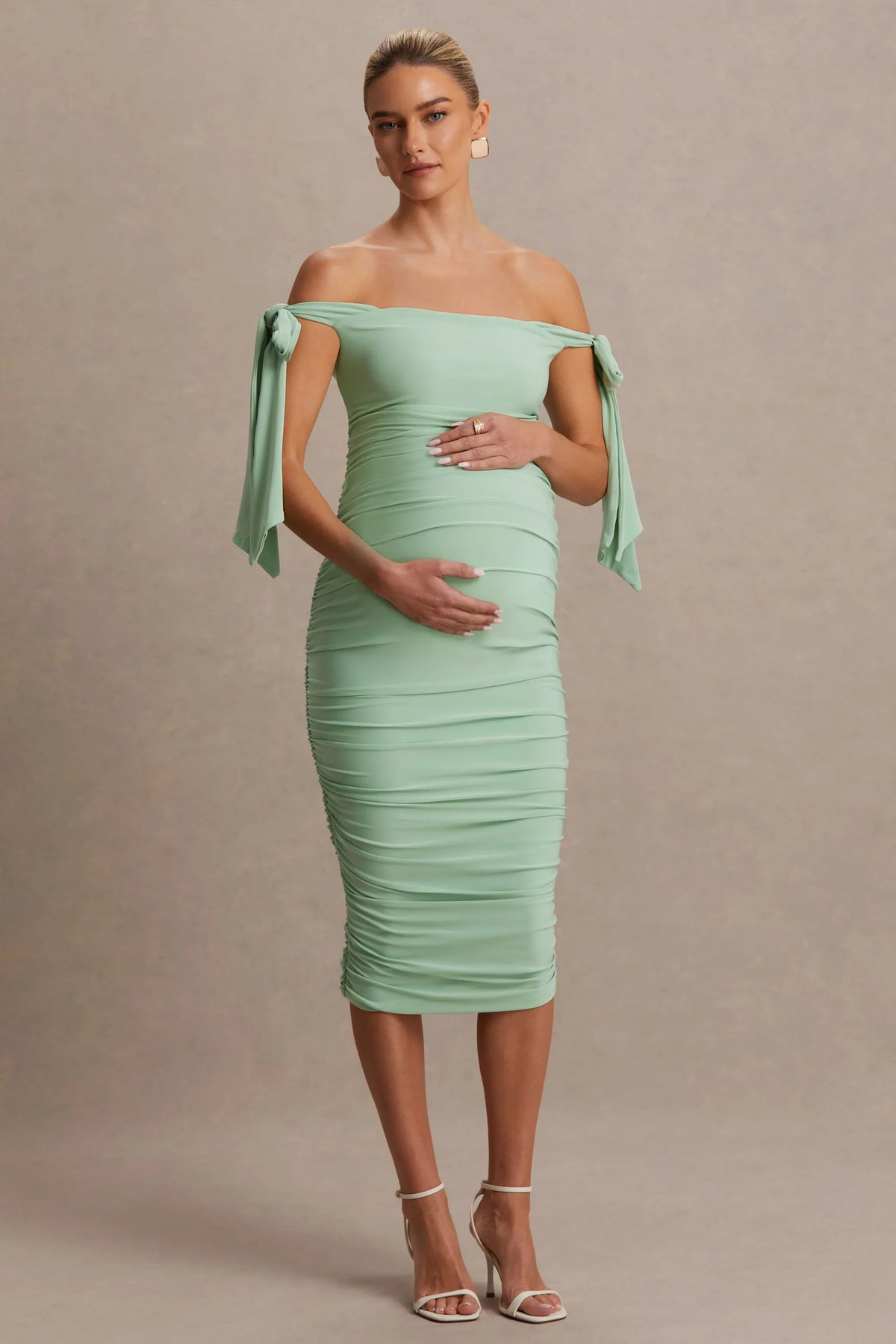 Chandelier | Light Green Bardot Maternity Midi Dress With Bow Details
