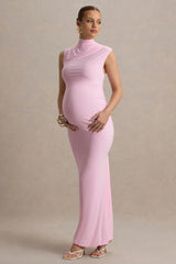 Kienna | Pink Ruched High-Neck Maternity Maxi Dress