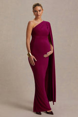 Amaryllis | Berry Maternity One Shoulder Maxi Dress with Cape Sleeve